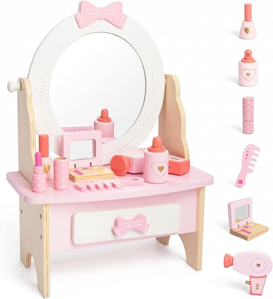 Juego de tocador de madera para niños, mesa de tocador de maquillaj...