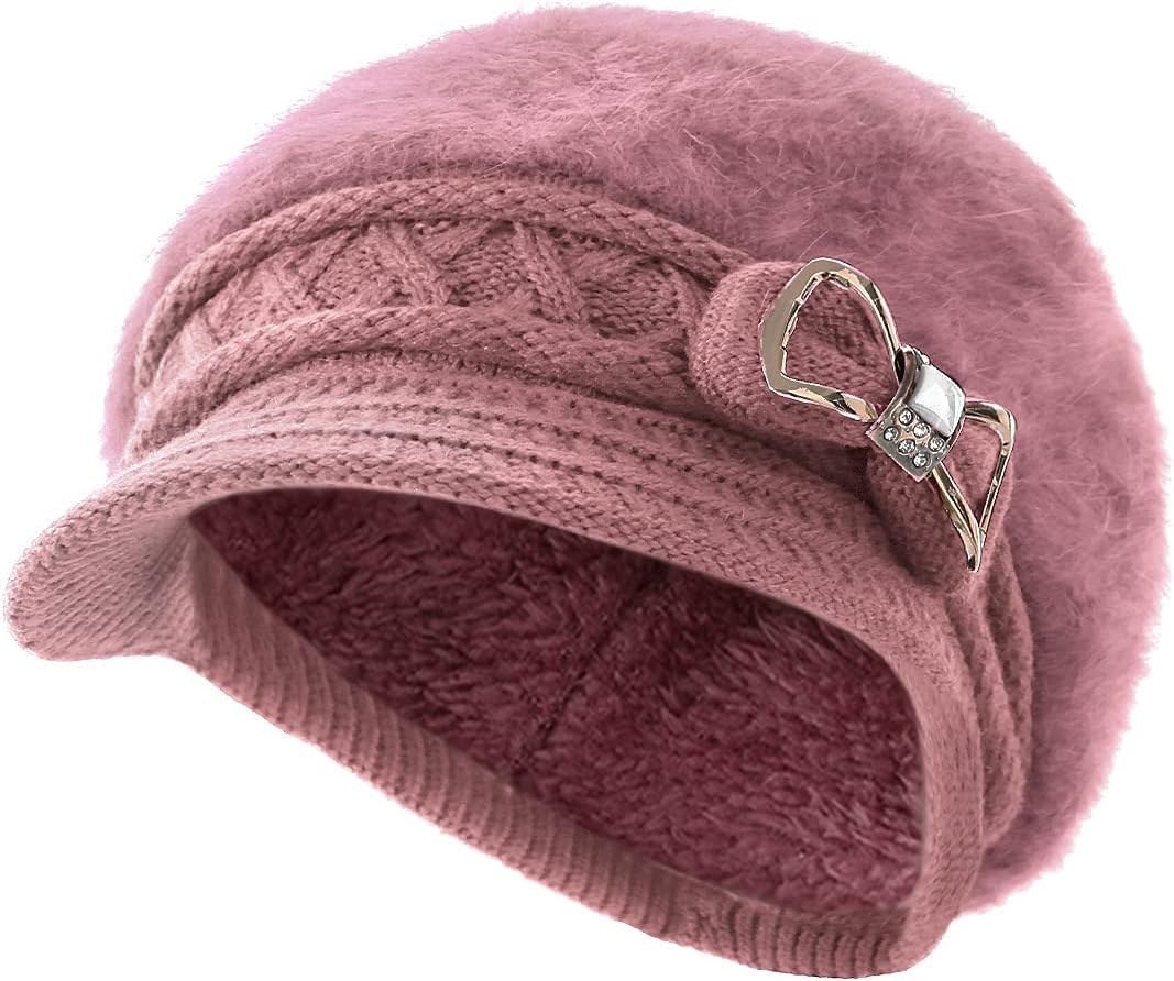 Surblue Sombrero de punto para mujer, boina, gorra de ala ancha con...
