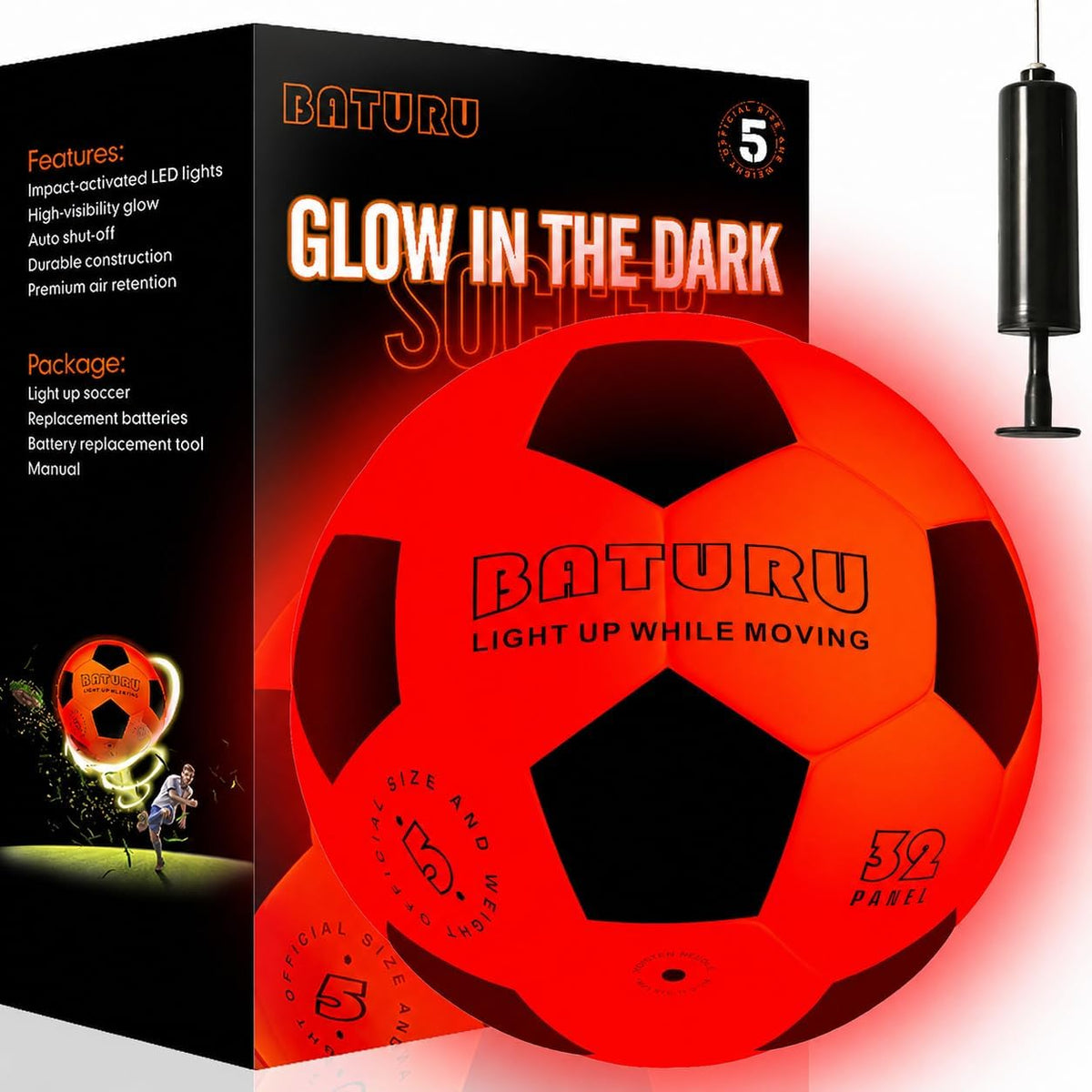 BATURU Balón de fútbol que brilla en la oscuridad con 2 luces LED,...