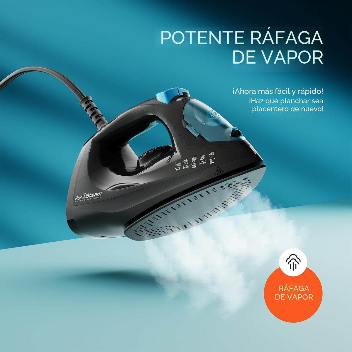 PurSteam - Plancha de vapor profesional de 1250 W, potente vaporiza...