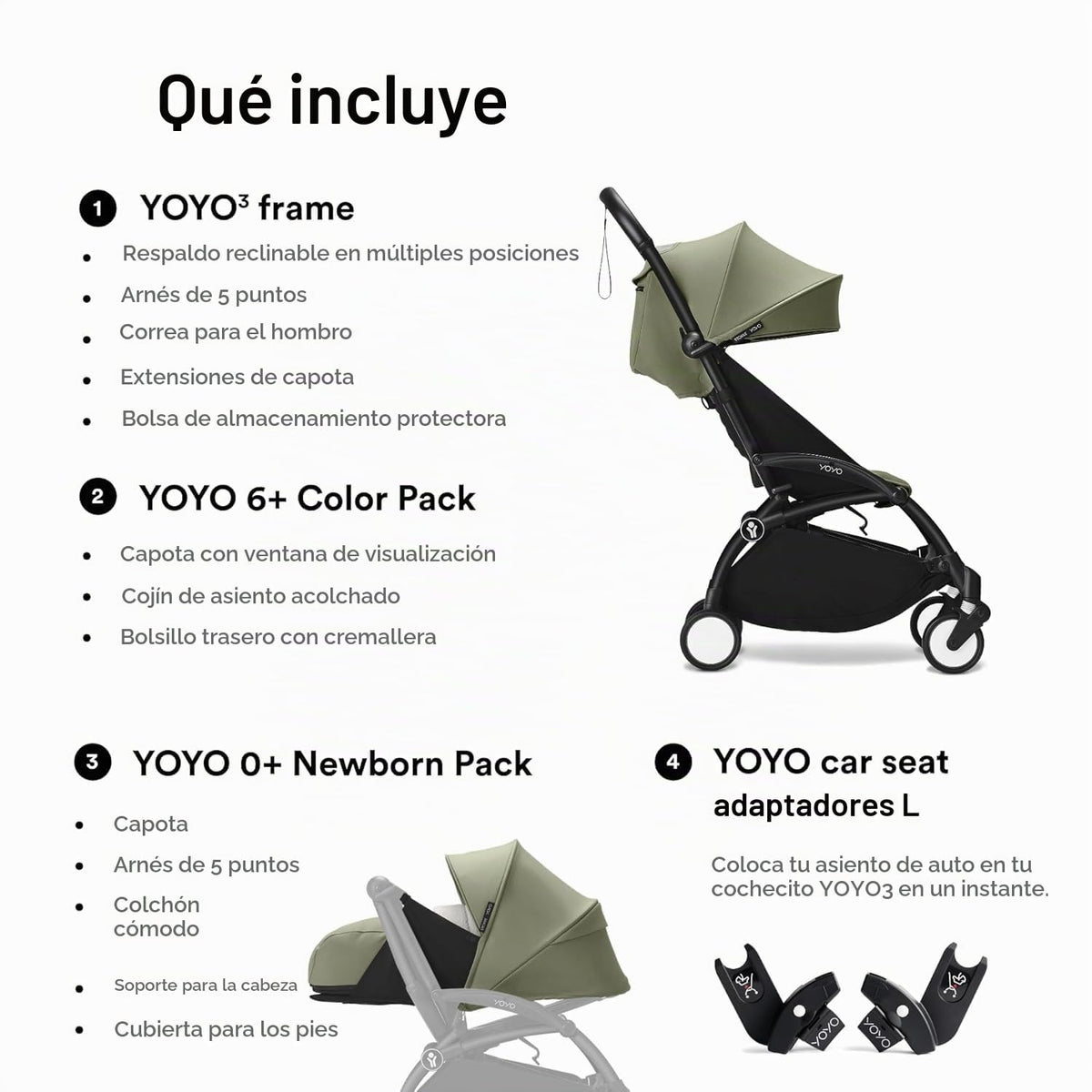 YOYO3 Cochecito de recién nacido a niño pequeño: incluye marco negr...