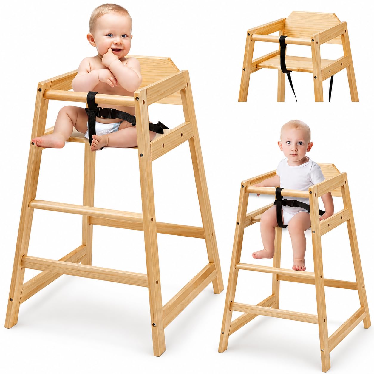 Neoflavie Silla alta de madera para bebés y niños pequeños, natural...