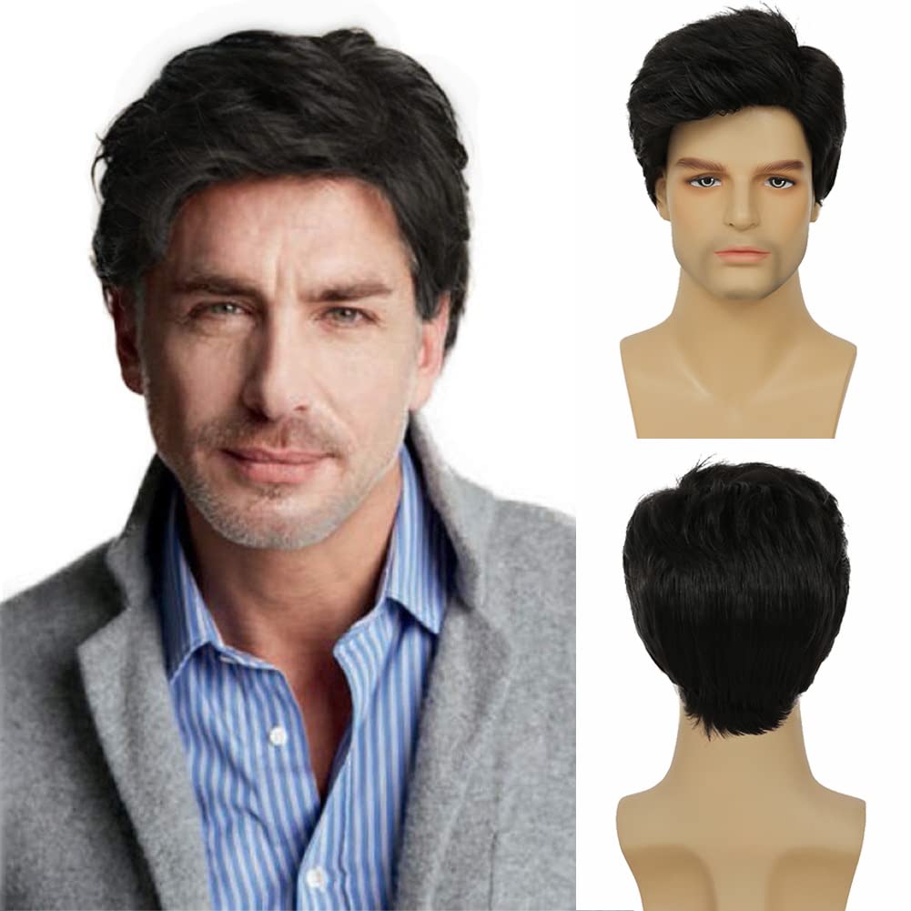 Kaneles Peluca Negra para Hombre Corta Sintética Halloween Uso Diar...