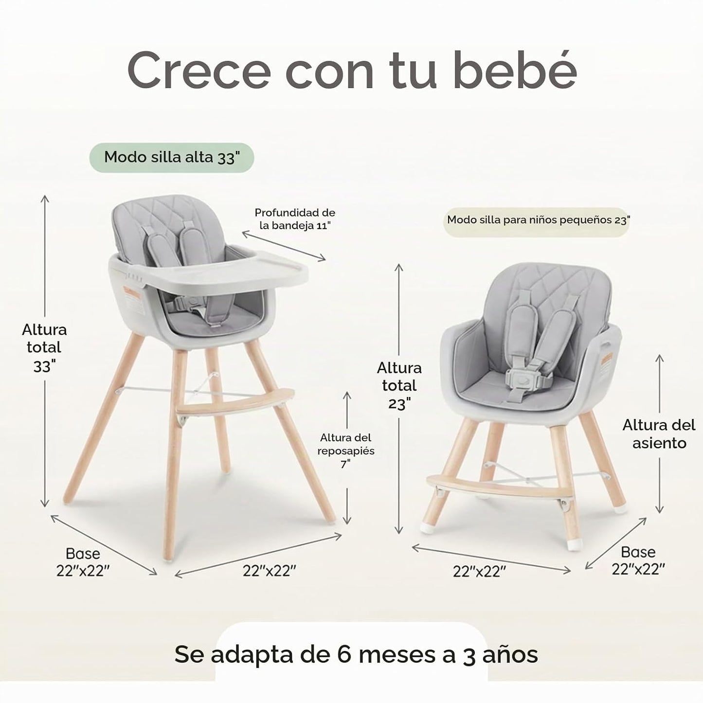 Mallify Silla alta de madera 3 en 1, sillas altas convertibles para...