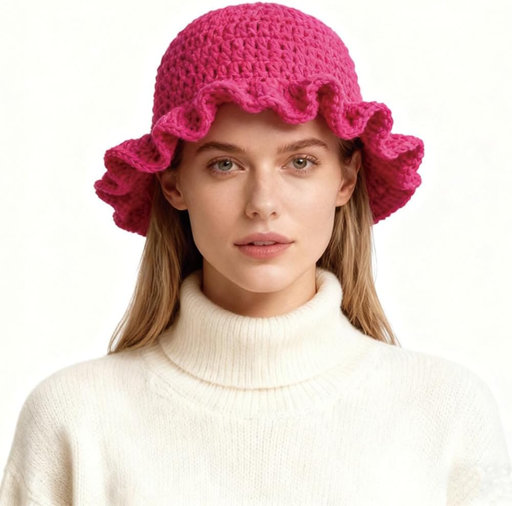 AMOFIA Gorro de punto para mujer, gorro de ganchillo con volantes,...