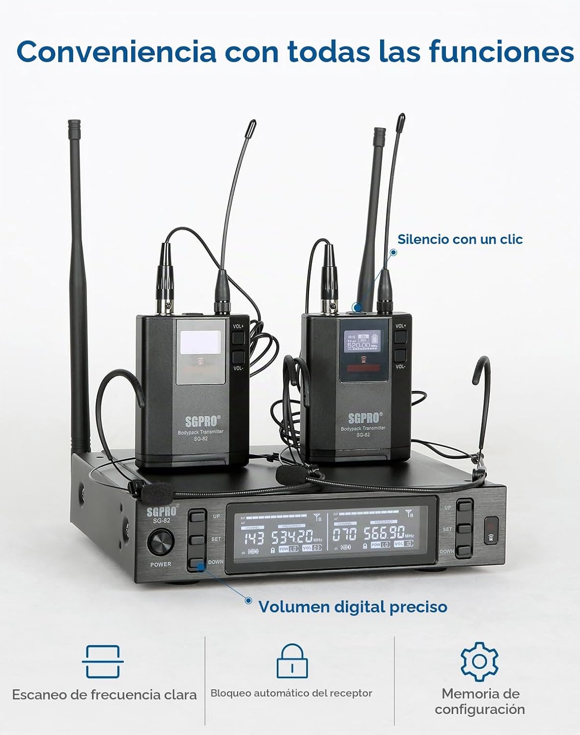 SGPRO SG-82BB Sistema de micrófono inalámbrico doble, 520-590 MHz |...