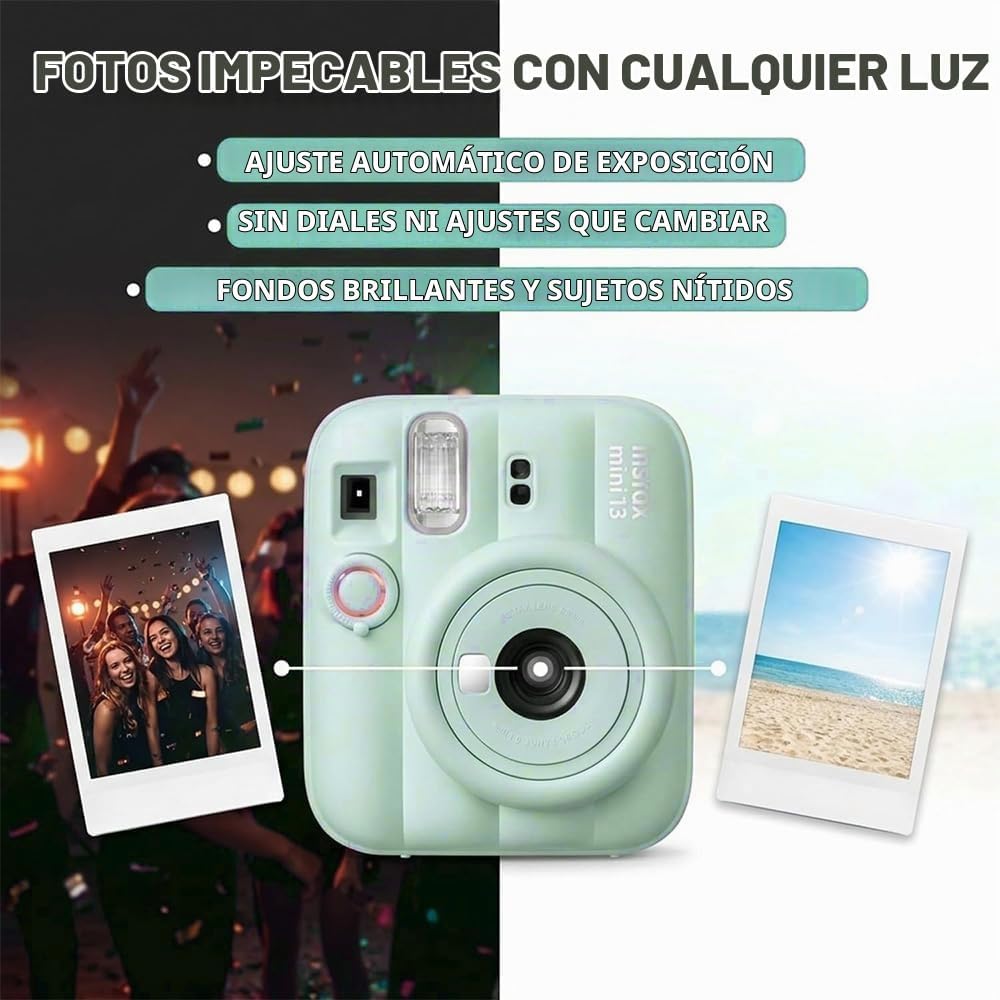 Cámara instantánea Fujifilm Instax Mini 13 verde con juego de pelíc...