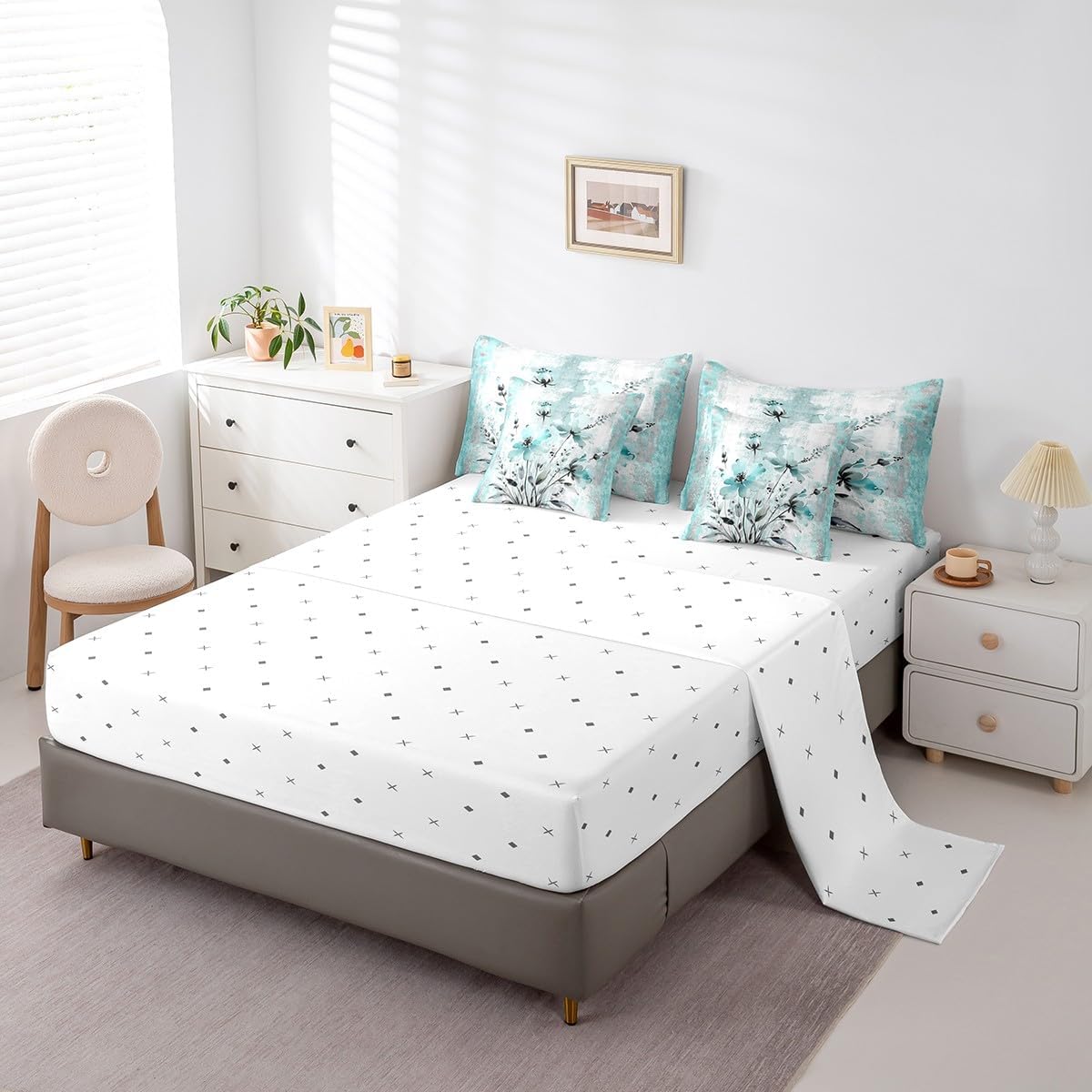 Erosebridal Ropa de cama Queen con Flores de Acuarela 7 Piezas para...