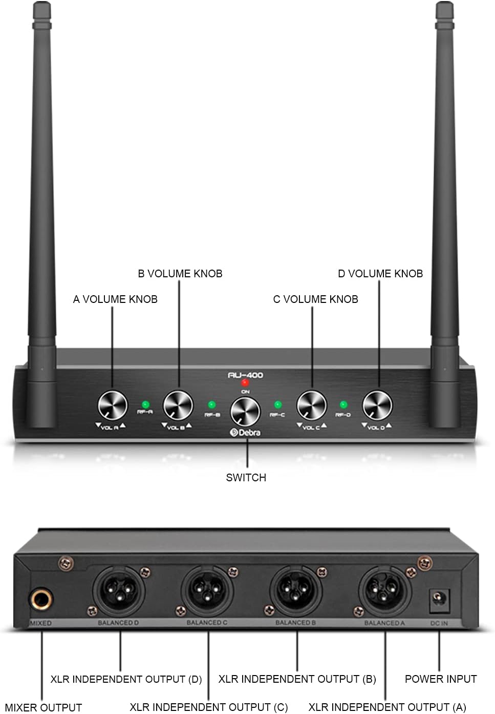 Debra Audio Pro UHF Sistema de micrófono inalámbrico de 4 canales c...