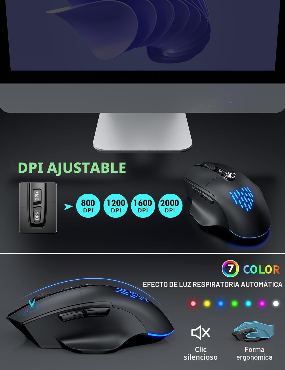 Teclado y Mouse Inalámbricos con Retroiluminación, Reposamuñecas, M...