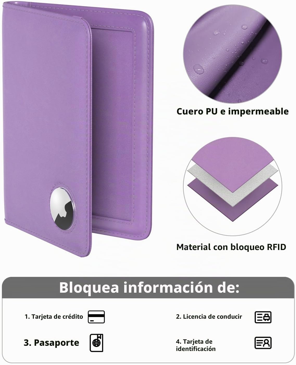 Stouchi Funda para pasaporte AirTag, Púrpura, Pequeña | Piel sintét...