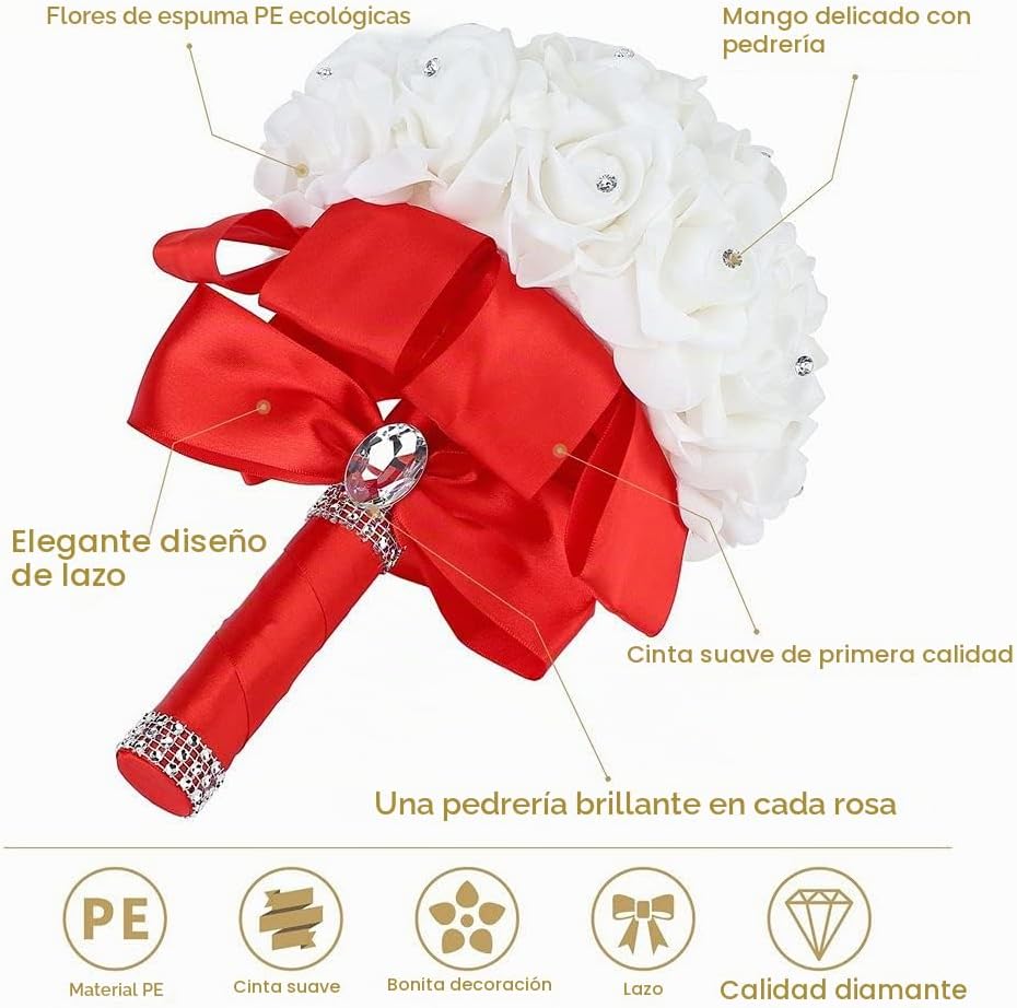 Febou Ramo de novia, ramo de dama de honor rojo, ramo de novia con...
