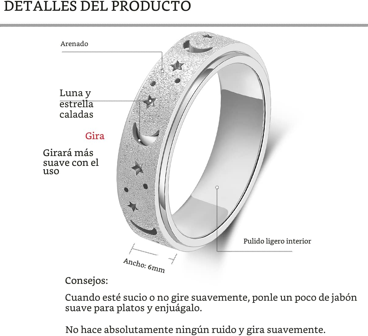 OreilleStar Anillo de ansiedad para mujer, anillo giratorio de acer...