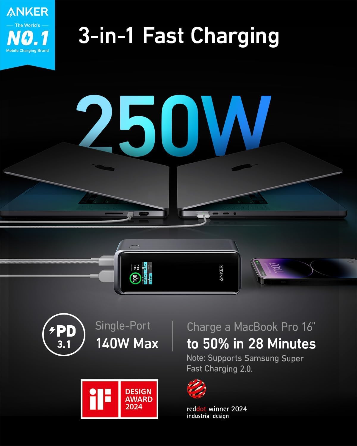 Anker Prime Power Bank, cargador portátil de 27,650 mAh de 3 puerto...