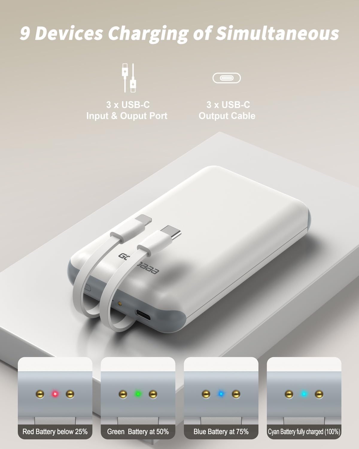 GOODaaa Cargador portátil, paquete de 3 cables integrados de banco...