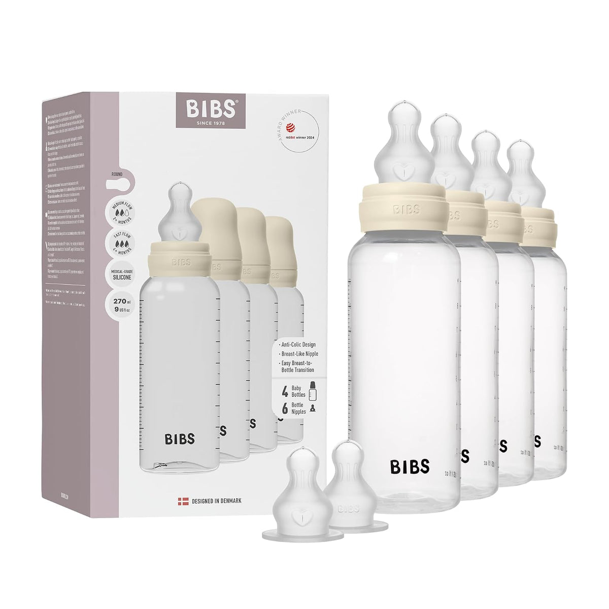 BIBS Biberón de plástico, 9.13 onzas, paquete de 4, pezón de silico...
