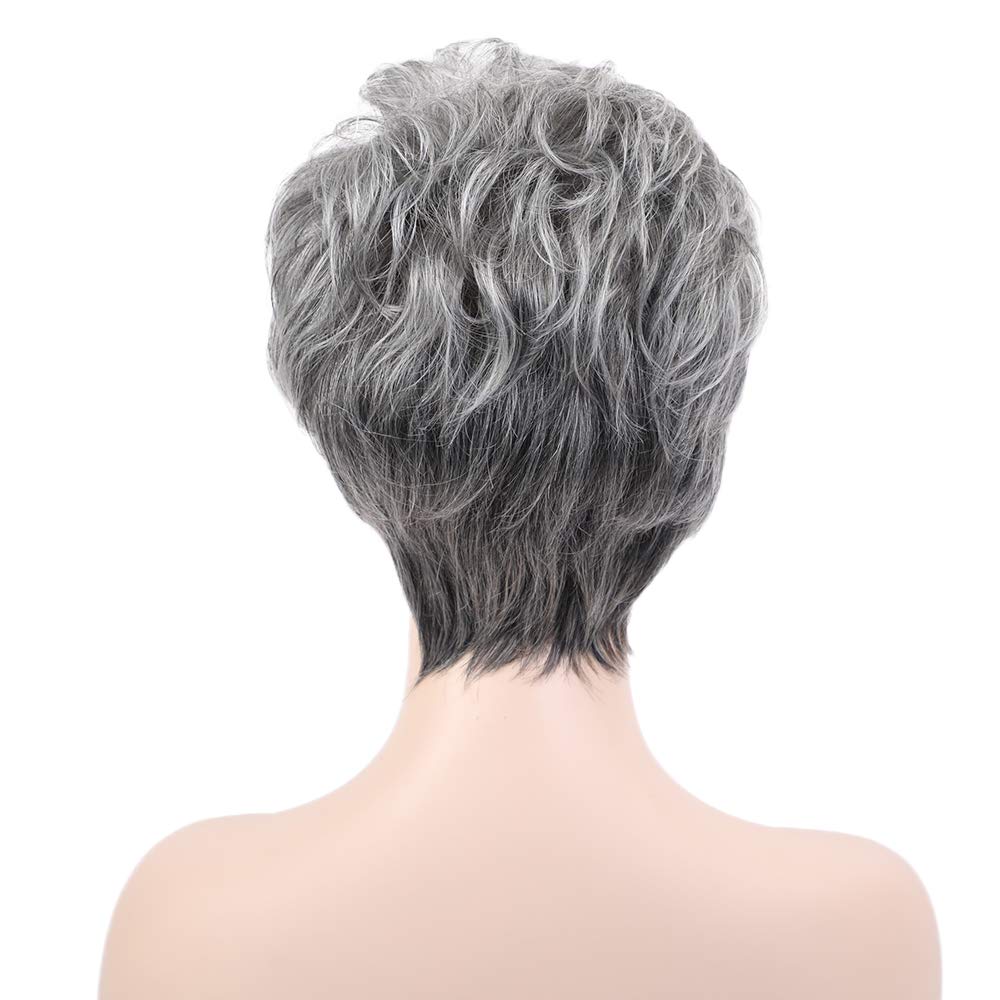 EMMOR Pelucas cortas de cabello humano gris para mujer, mezcla de c...