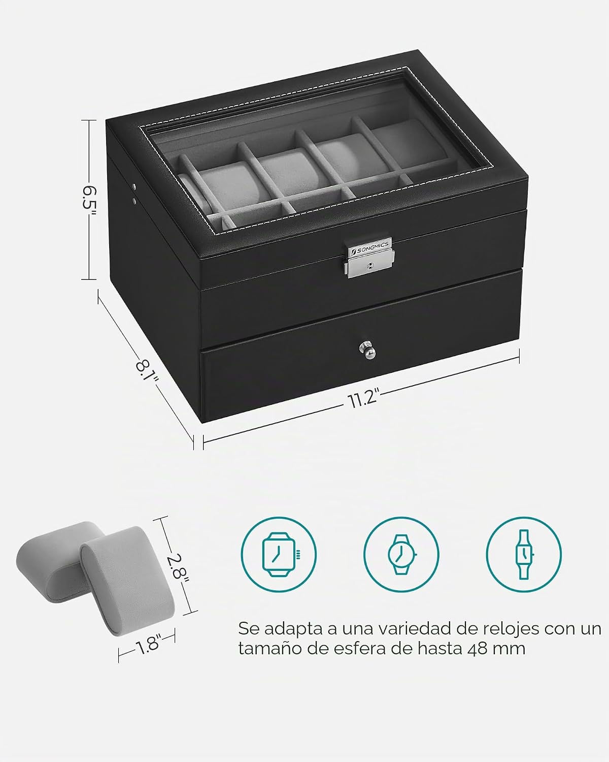 SONGMICS Caja de reloj de 20 ranuras, 2 capas, tapa de cristal, con...