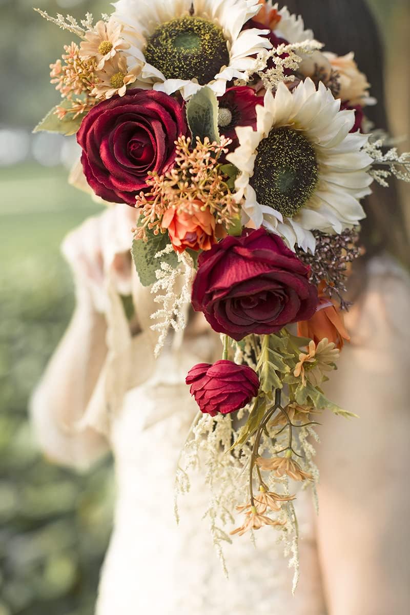 Ansofi Ramos de boda de girasol vintage de 9 pulgadas para novia Bo...