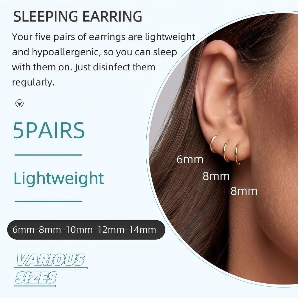 5 pares de pendientes de aro chapados en oro de 14 quilates para mu...