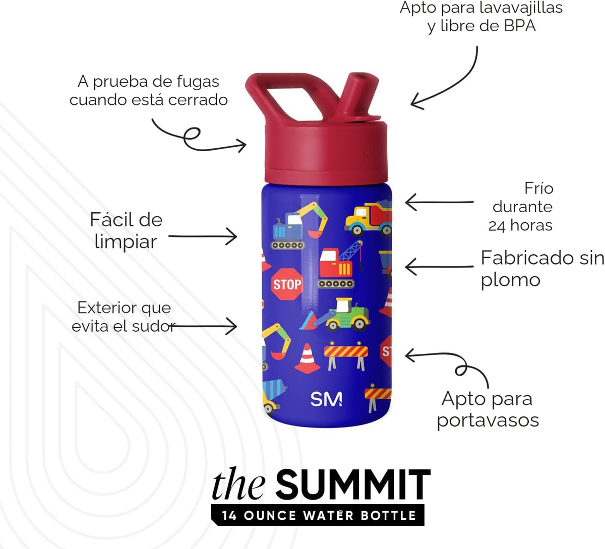 Simple Modern Kids Summit - Botella de agua con tapa con pajilla, v...