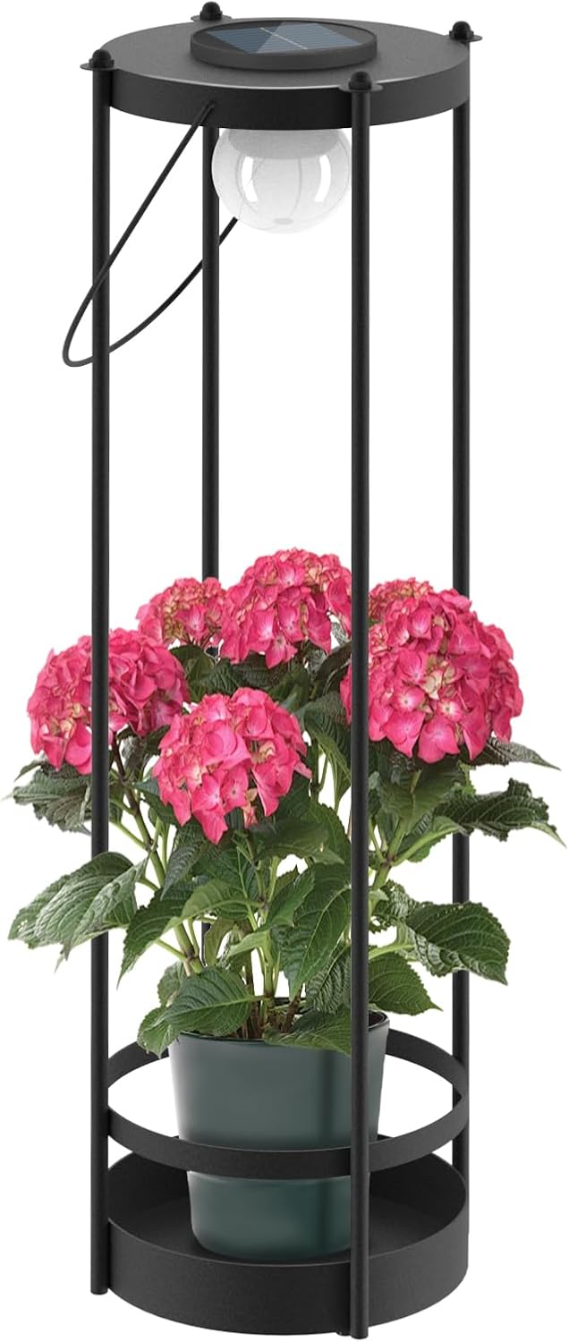 Lámpara de pie solar para exteriores con soporte para plantas 2 en...