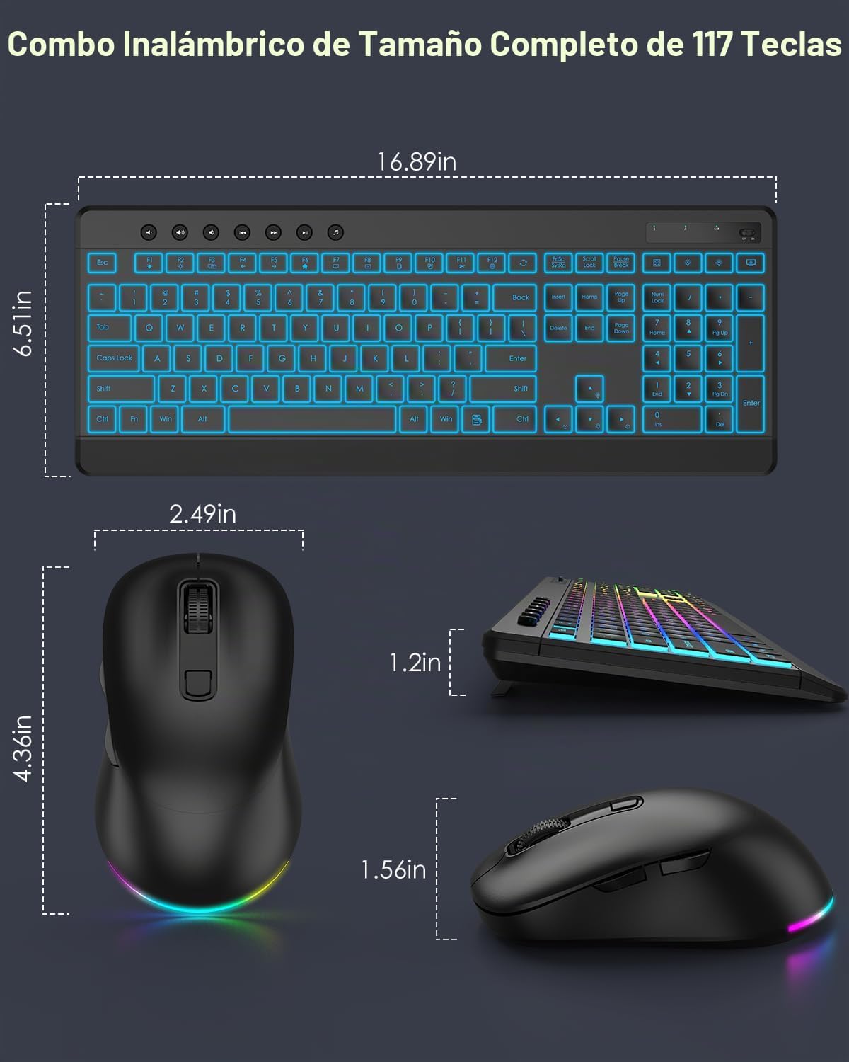 EDJO Combo de teclado y mouse inalámbricos, 10 efectos retroilumina...
