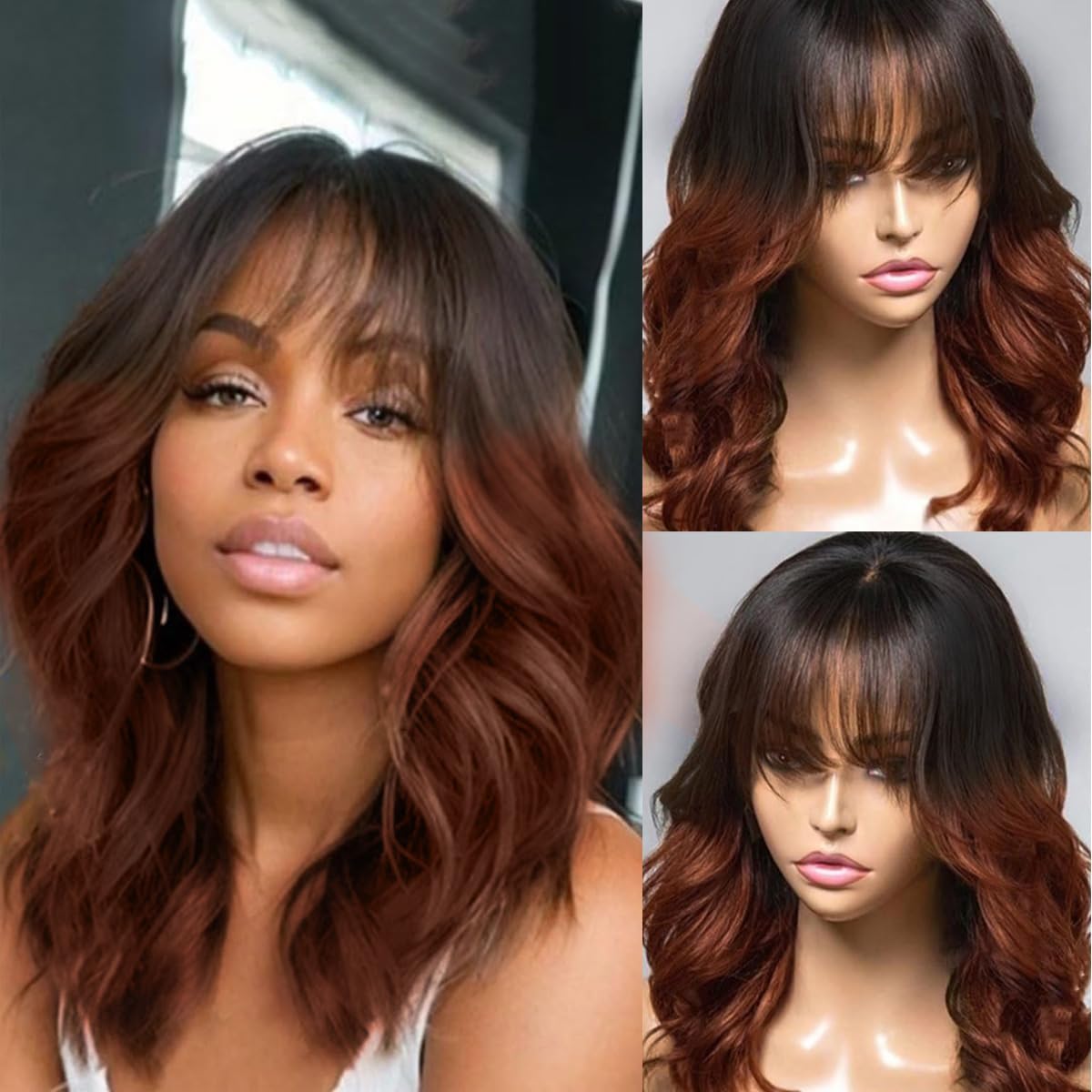 JINXIMEIHE Pelucas de cabello humano ondulado con flequillo de 13 x...
