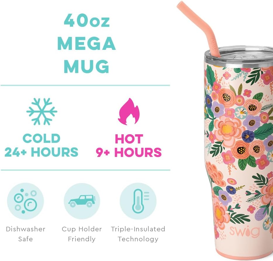 Swig Life Full Bloom Mega Set | Taza de viaje de 40 onzas con asa y...