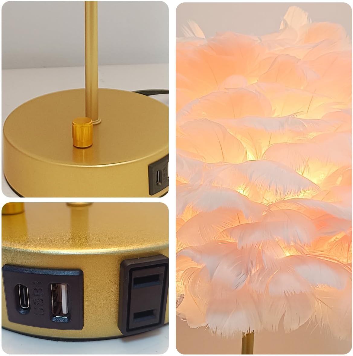 ZYLEIESENBAO Lámpara de mesa con cargador USB de plumas rosas, lámp...