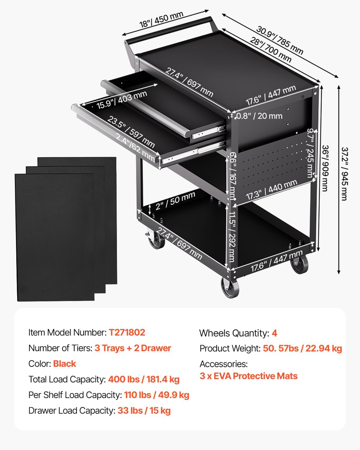 VEVOR Carrito de herramientas de 5 niveles con ruedas, capacidad de...