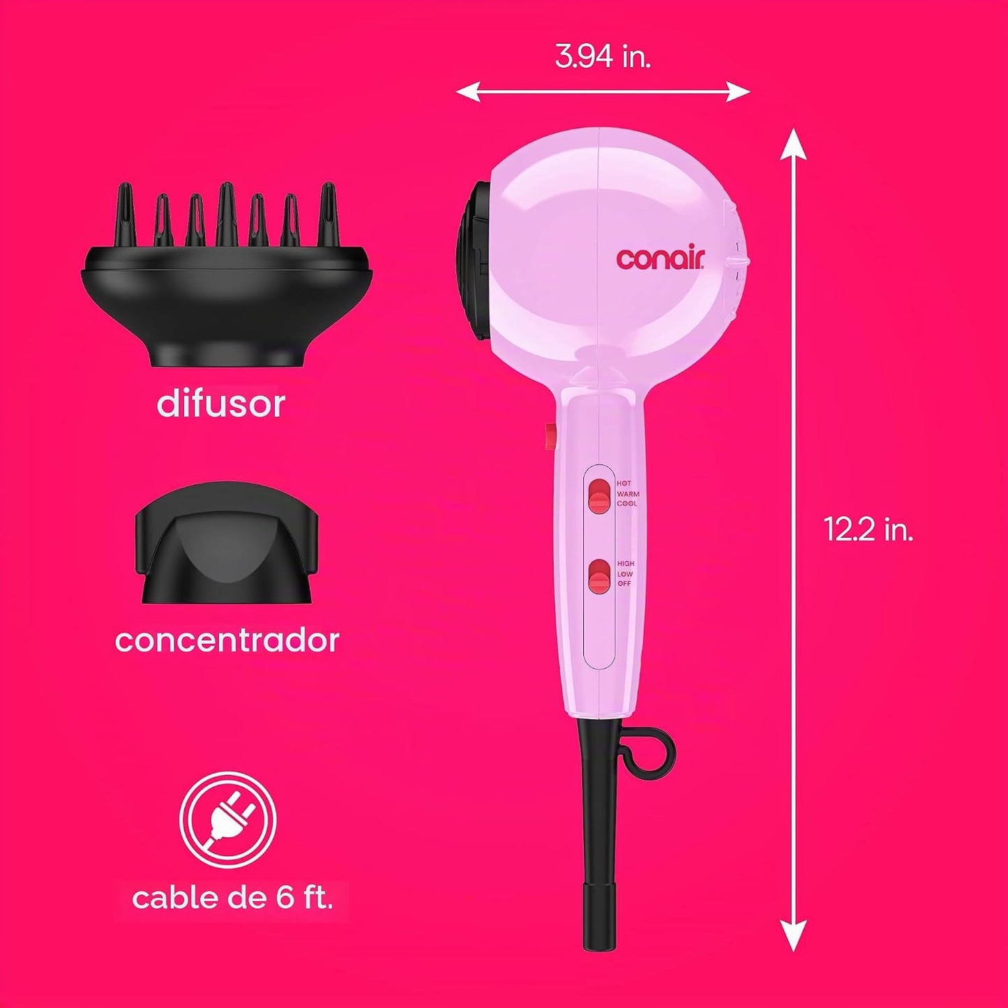 Conair Secador de pelo Cake Pop, secador de pelo con difusor y conc...