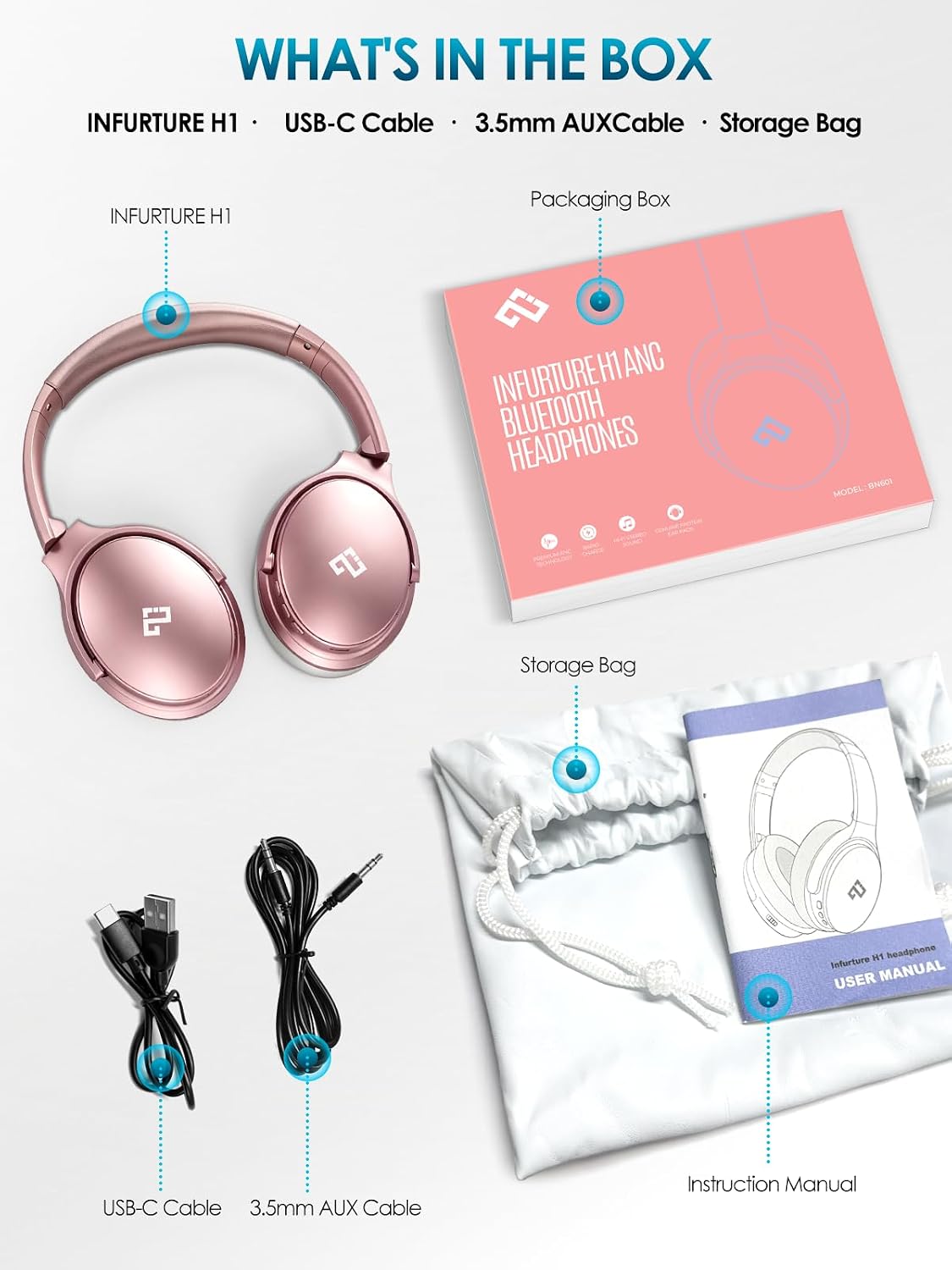 INFURTURE Auriculares rosados sobre la oreja, auriculares Bluetooth...