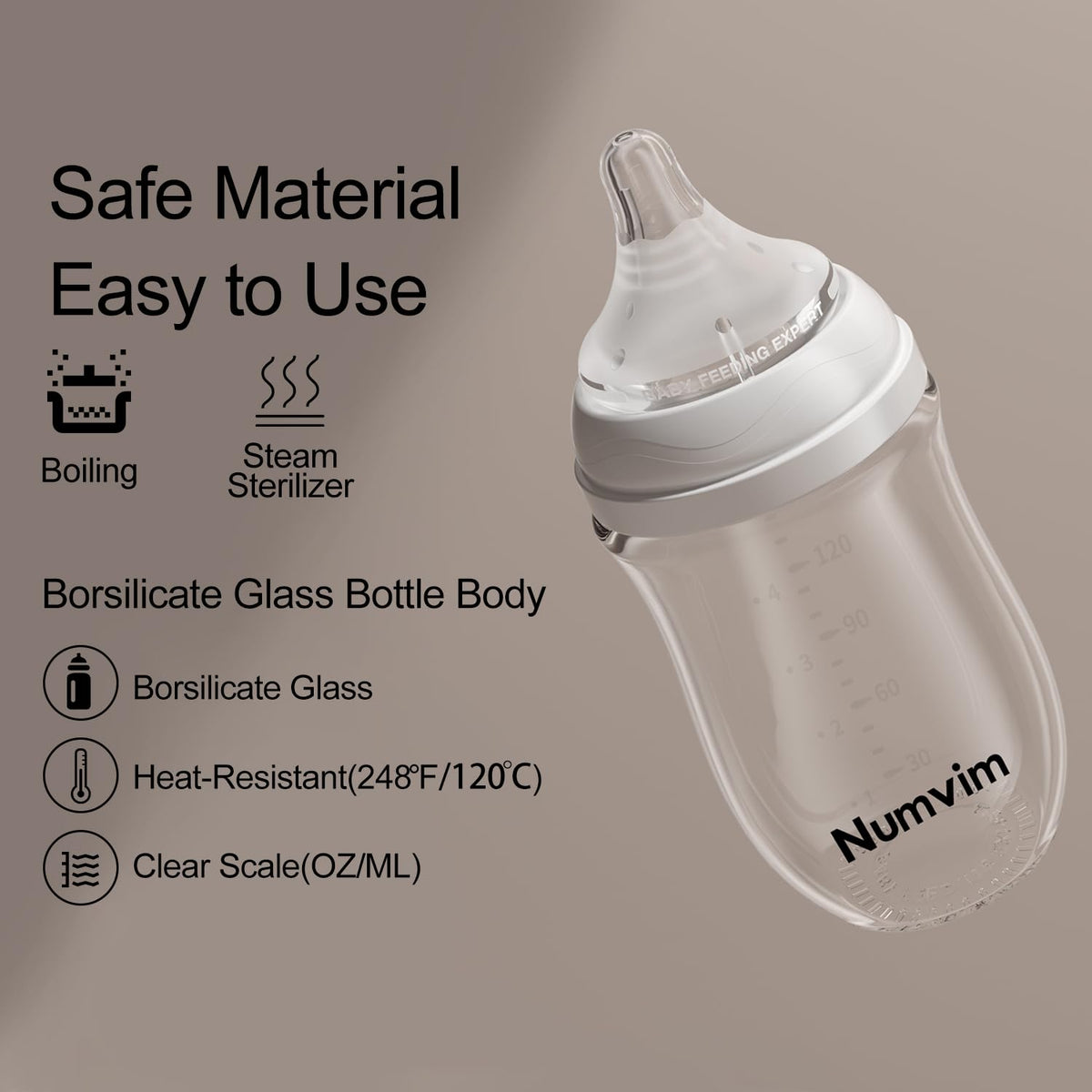 Numvim Biberones de vidrio natural de flujo suave y extra lento, bi...