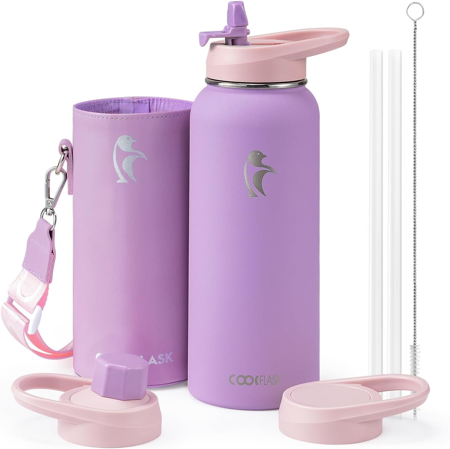 Coolflask - Botella de agua aislada con funda de piel sintética y 3...