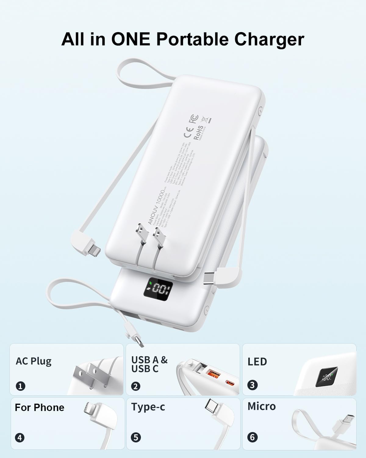 Cargador portátil con cables integrados y enchufe de pared de CA, c...