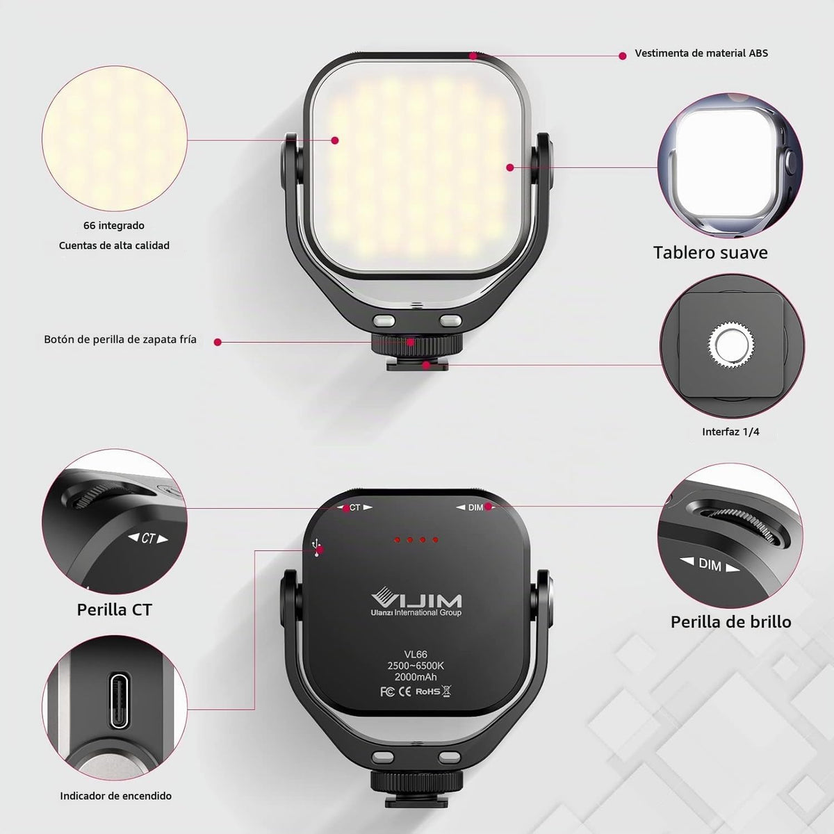 ULANZI VL66 Luz LED ajustable bicolor recargable 2500-6500K - Mini...