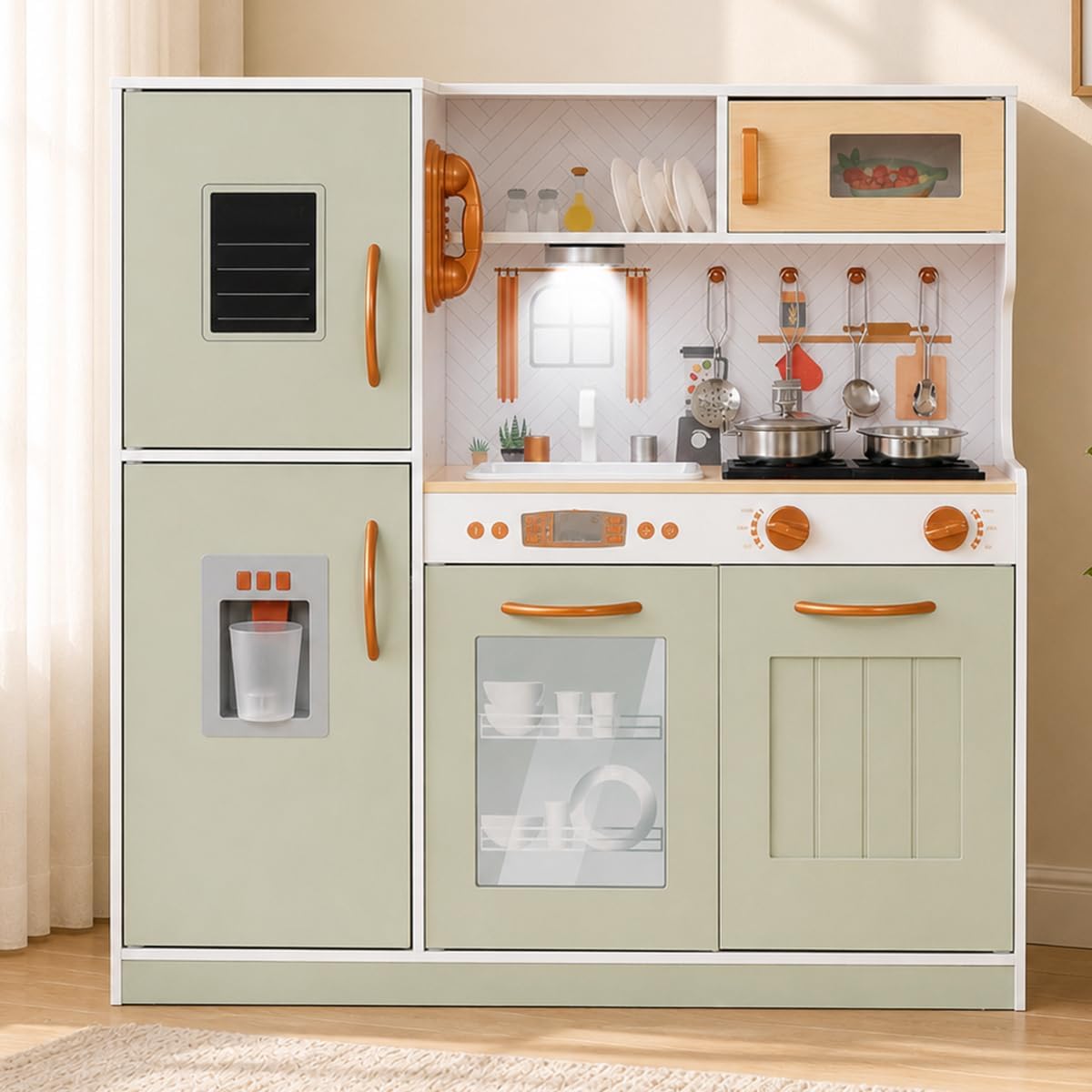 Juego de juguetes de cocina de madera con luz, juego de cocina de j...