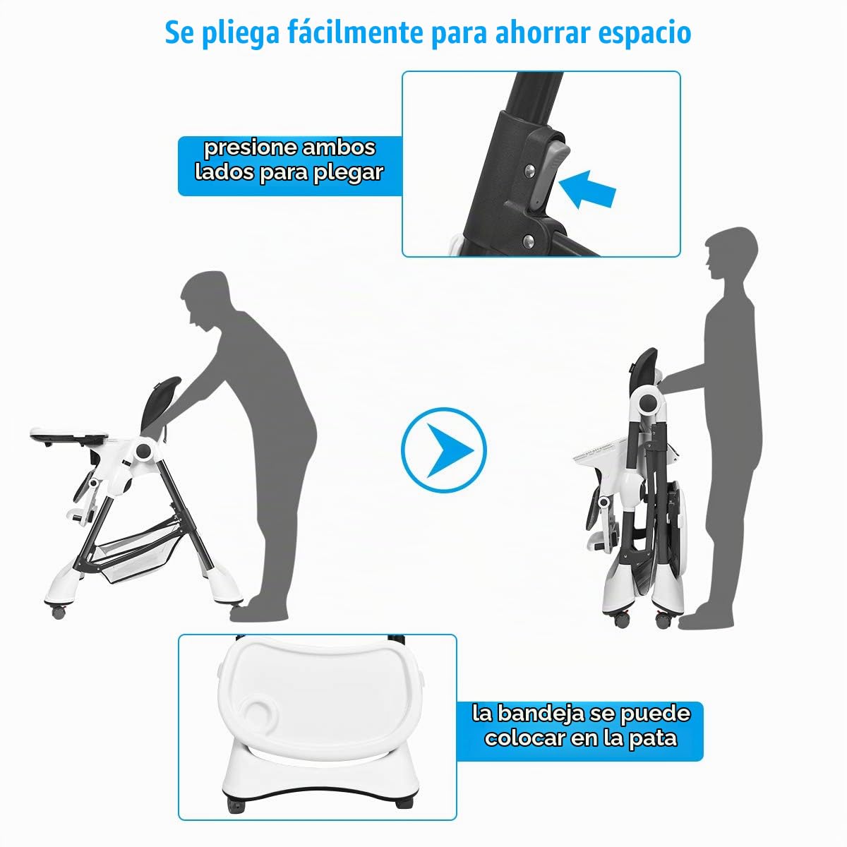 INFANS Silla alta con bandeja extraíble con una sola mano, 4 ruedas...