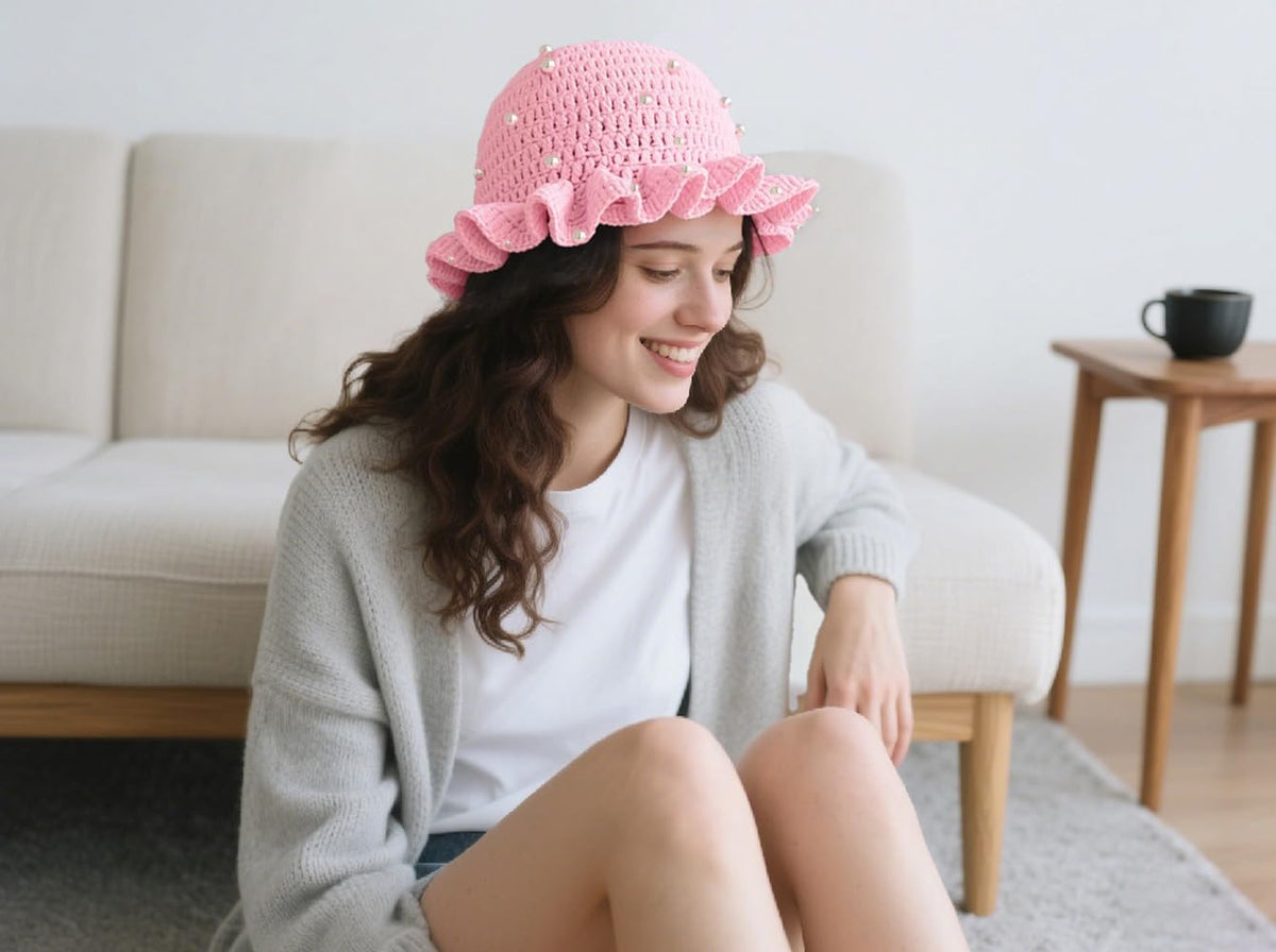 Hshsclth Sombrero de ganchillo de perlas estrelladas para mujer, he...