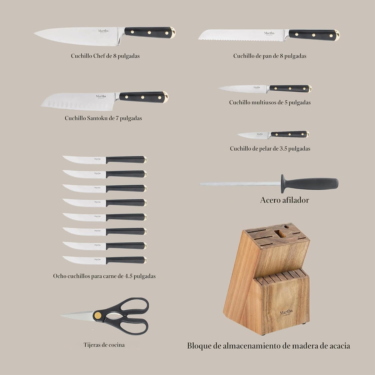 Martha Stewart Juego de 16 cuchillos de cocina de acero inoxidable...