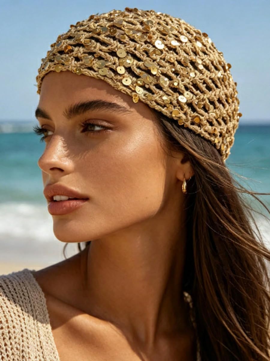 Gorro de punto con lentejuelas para mujer, estilo bohemio, con huec...