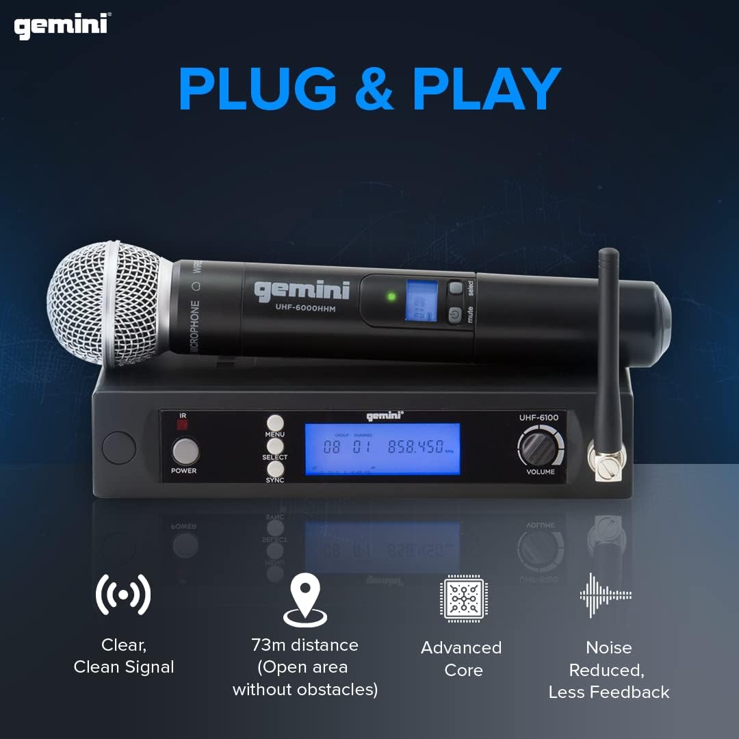 Gemini Sistema de micrófono de mano UHF, 256 canales, 240 pies (UHF...