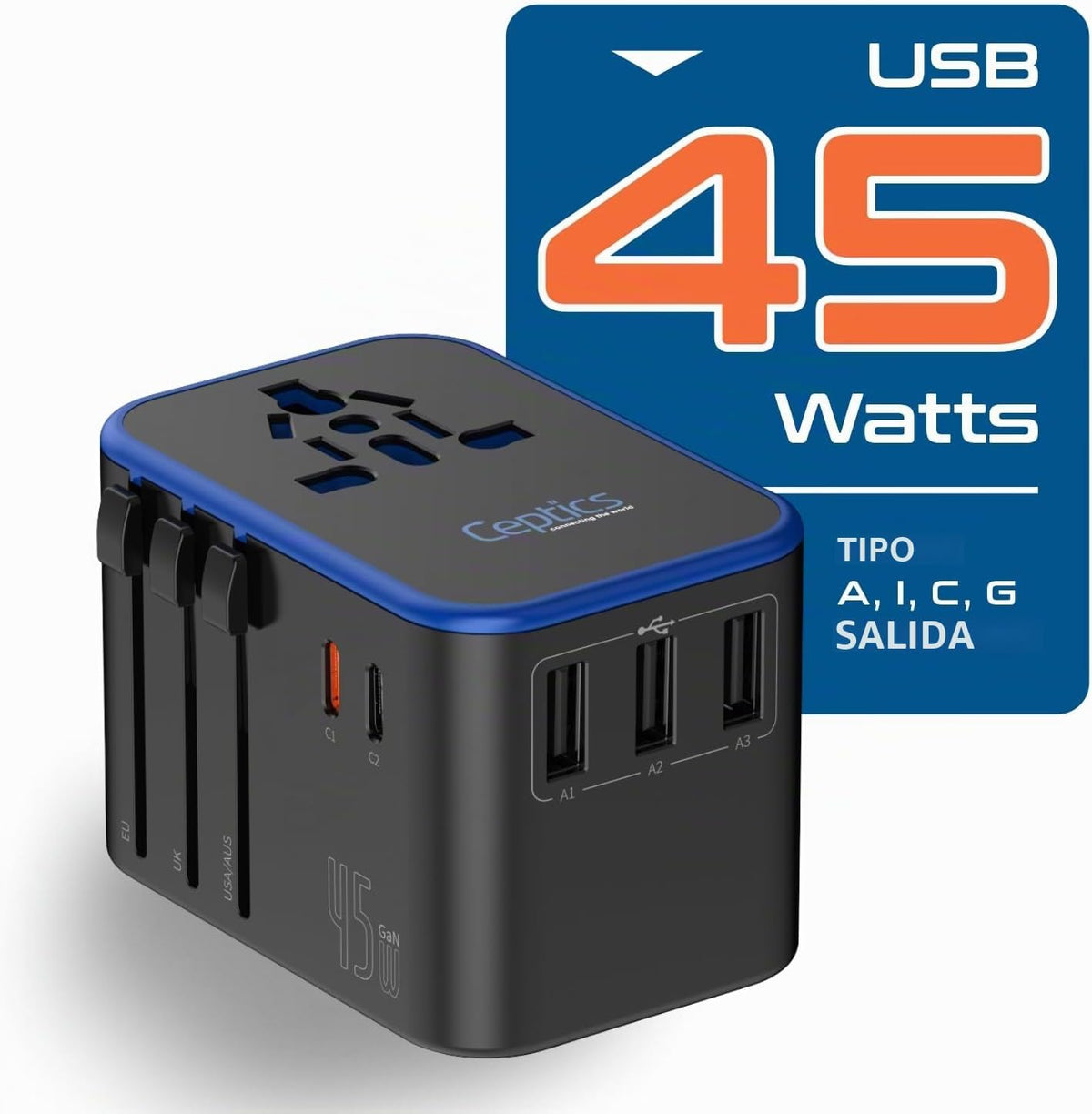 Ceptics Adaptador de viaje universal de 45 W, adaptador de viaje in...