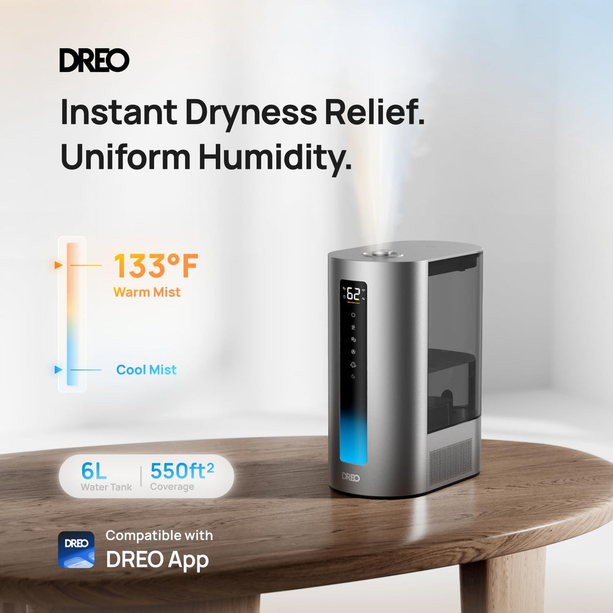DREO Humidificadores inteligentes de 6L para dormitorio, niebla cál...