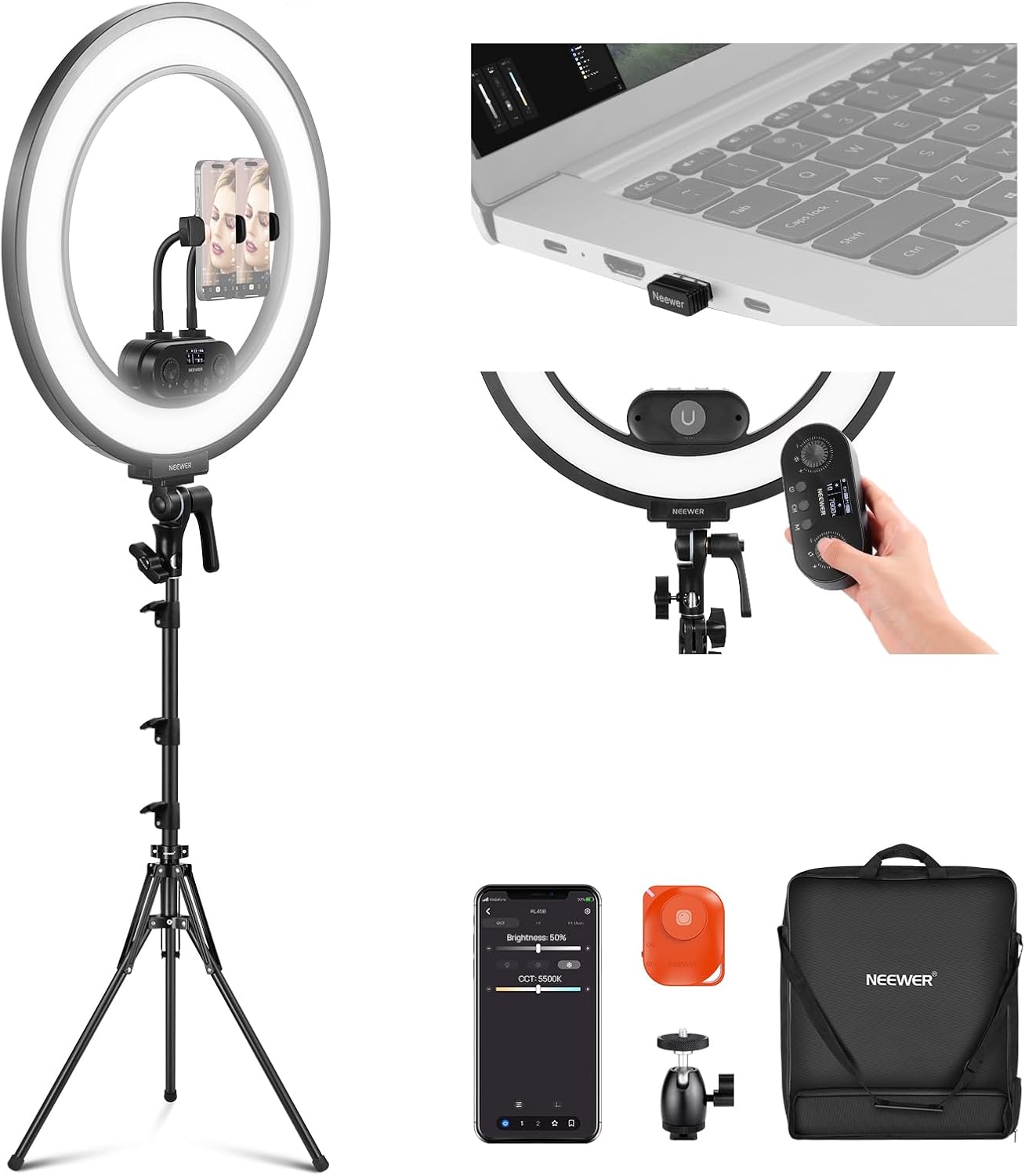 NEEWER Anillo de luz de 18 pulgadas con borde iluminado con soporte...