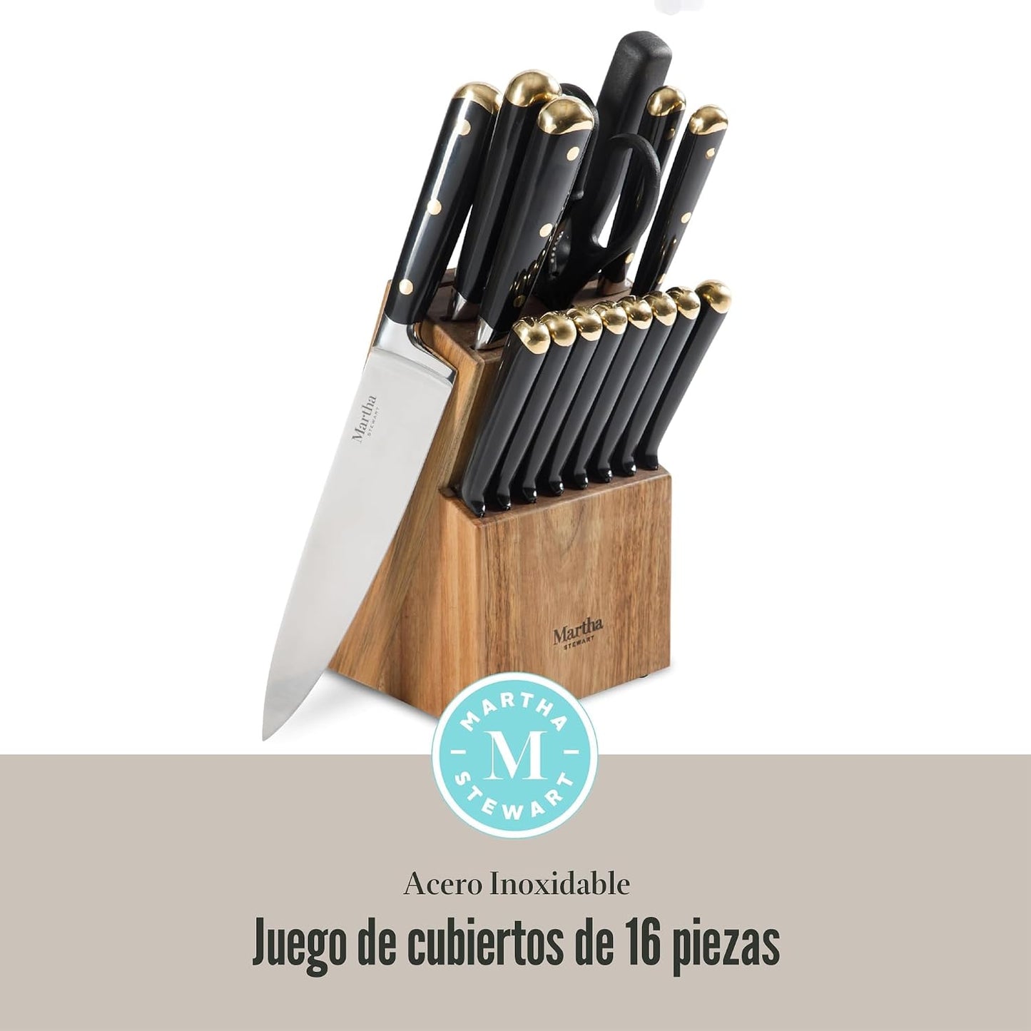 Martha Stewart Juego de 16 cuchillos de cocina de acero inoxidable...