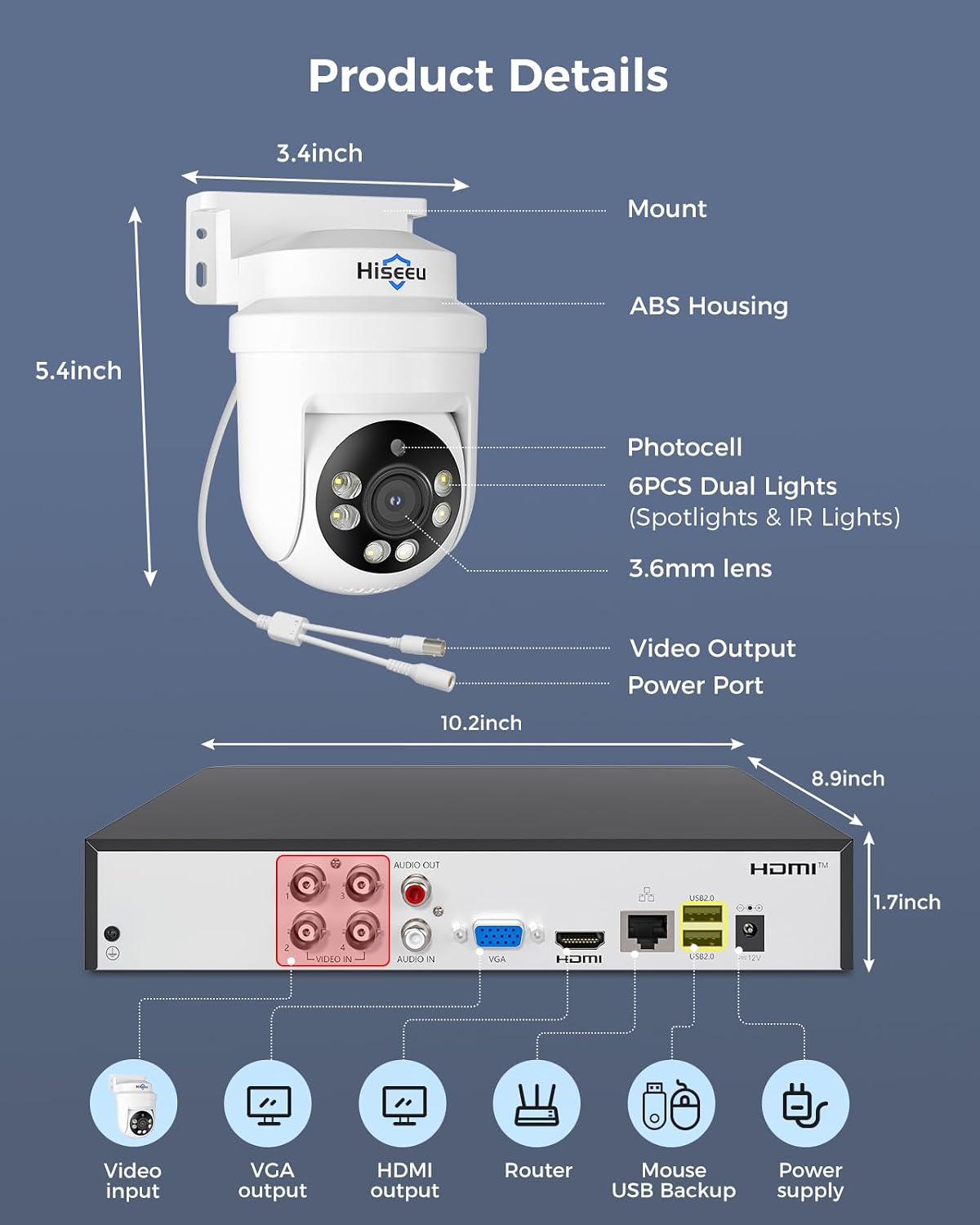 Hiseeu 360 ° View PTZ Sistema de cámara de seguridad con cable, 4ch...