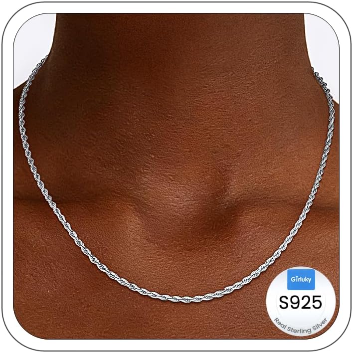 Girluky Cadena de cuerda de 0.079 in de plata de ley 925 para mujer...