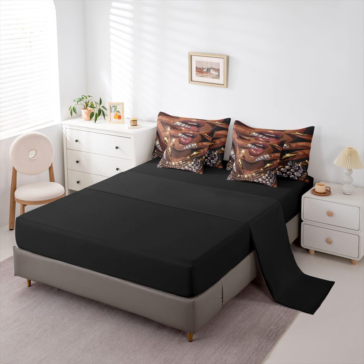 Erosebridal Juego de edredón de 7 piezas para mujer negra, cama Que...